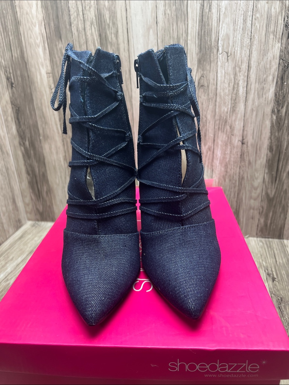Shoe Dazzle Navy Lace-Up Pointed Toe Ankle Heels
